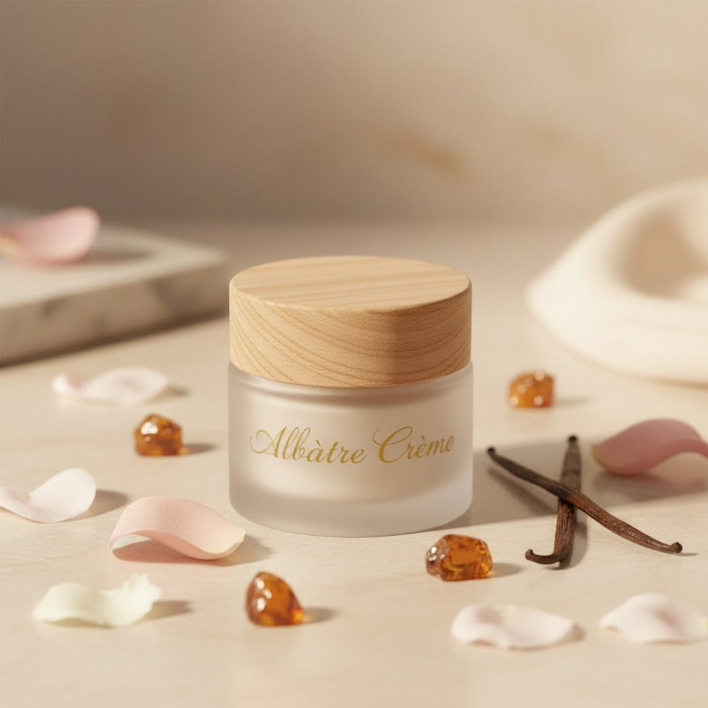 Albâtre Body Crème frosted glass jar with plain wood lid, rose petals and vanilla beans editorial setting