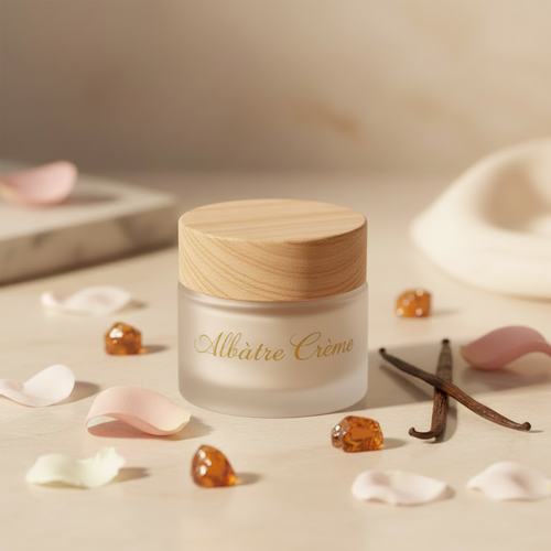 Albâtre Body Crème frosted glass jar with plain wood lid, rose petals and vanilla beans editorial setting