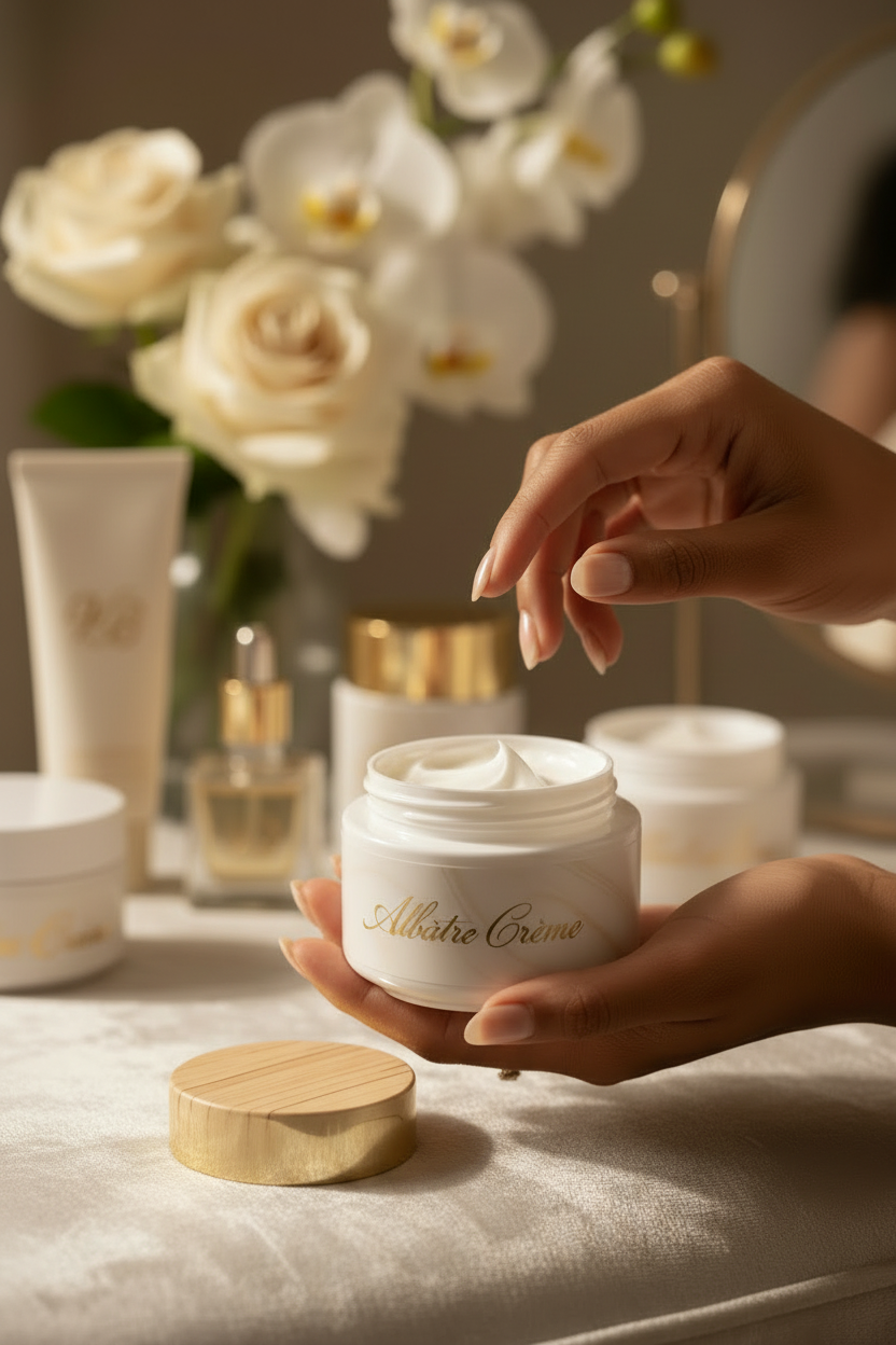 Hands holding open Albâtre Crème jar revealing whipped ivory crème inside